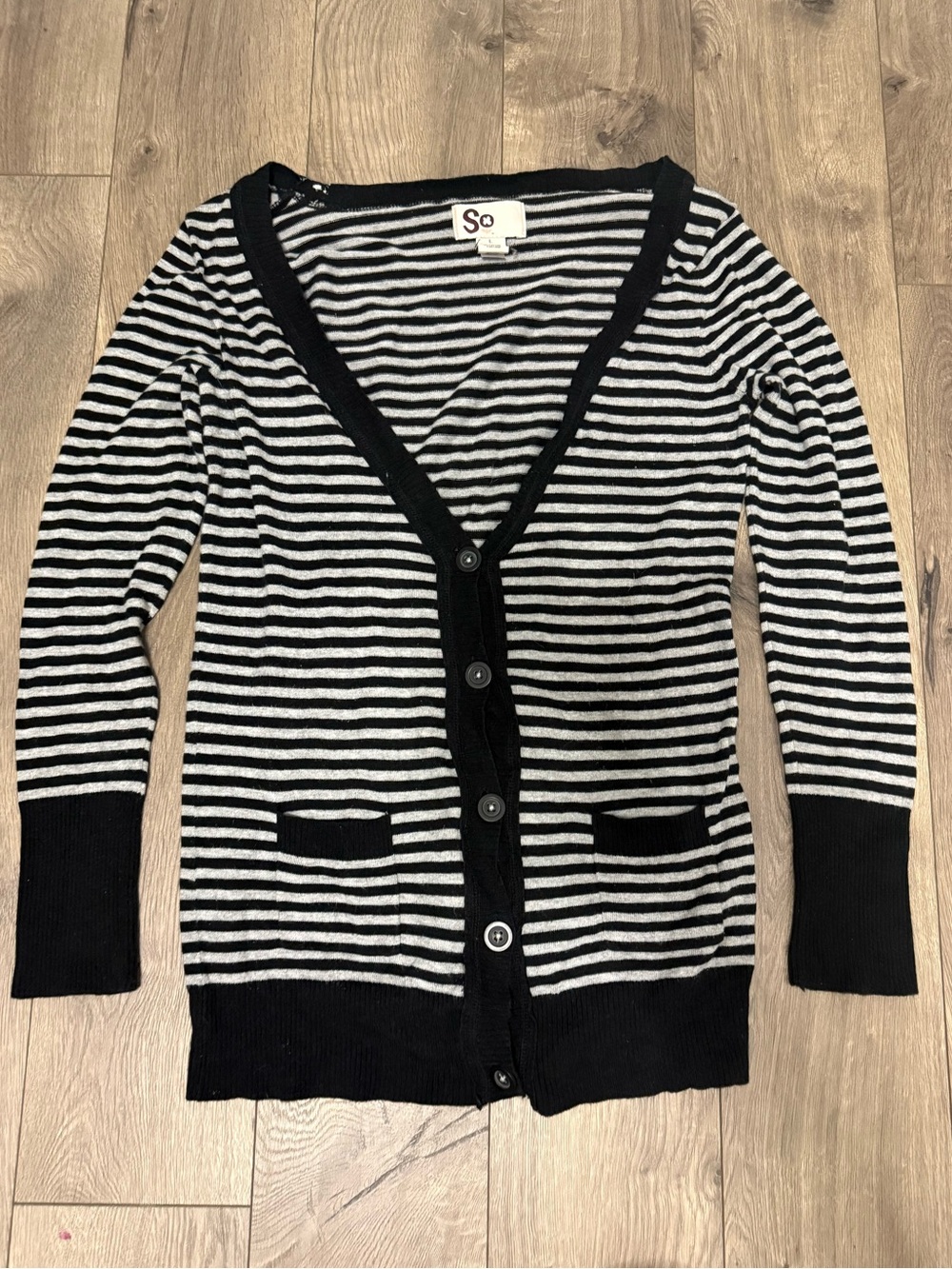 SO Black and White Striped V-Neck Cardigan with Pockets